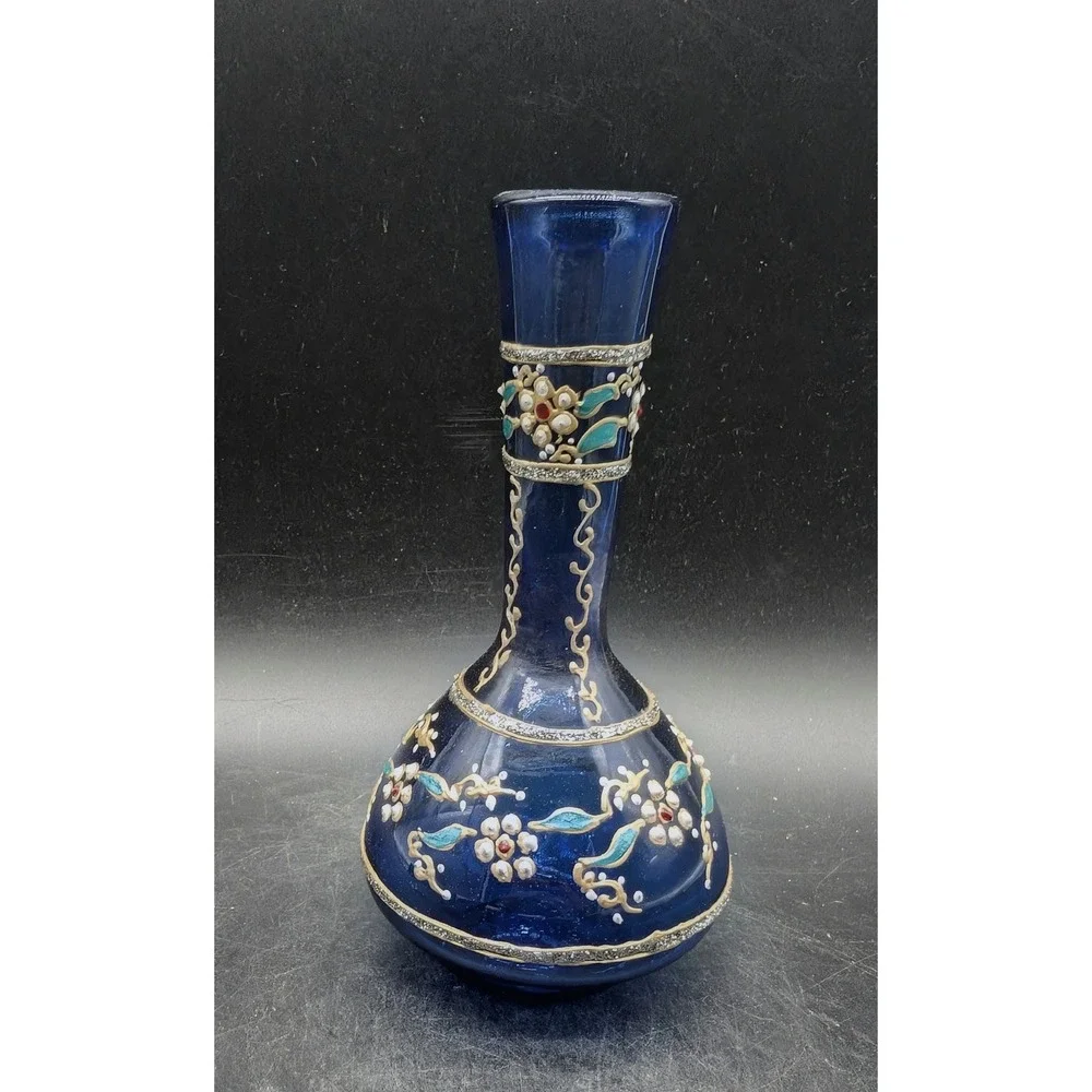 Vintage Cobalt Blue Glass Vase Hand Painted Enamel Floral Gilt Scrollwork Ornate